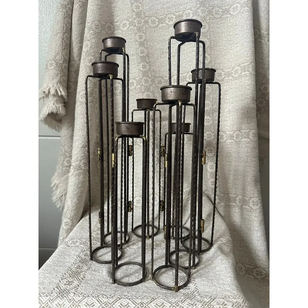 Vintage Brutalist Folding Wrought Iron Candelabra 8 Arm Tea Light Candle Holder